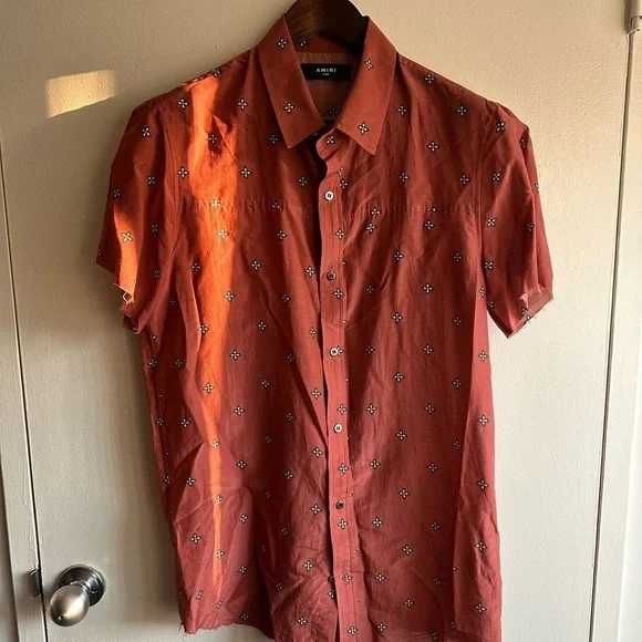 AMIRI Rust Silk Bandana Raw Hem Shirt - Picture 5 of 6